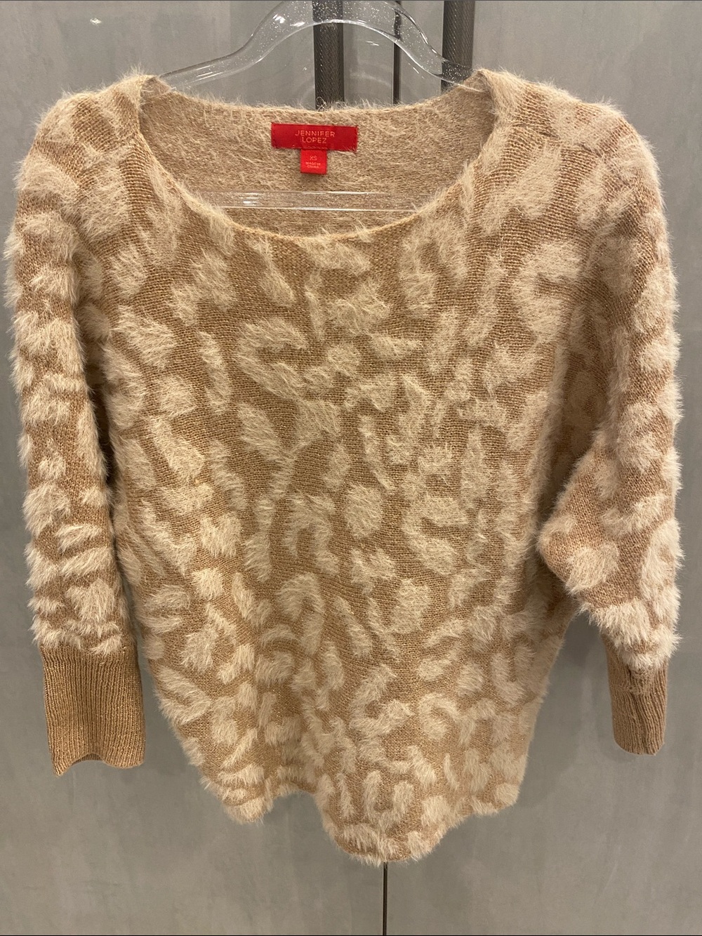 EUC Jennifer Lopez Tan & Cream Animal-Pattern Fuzzy Scoop-Neck Sweater Size XS